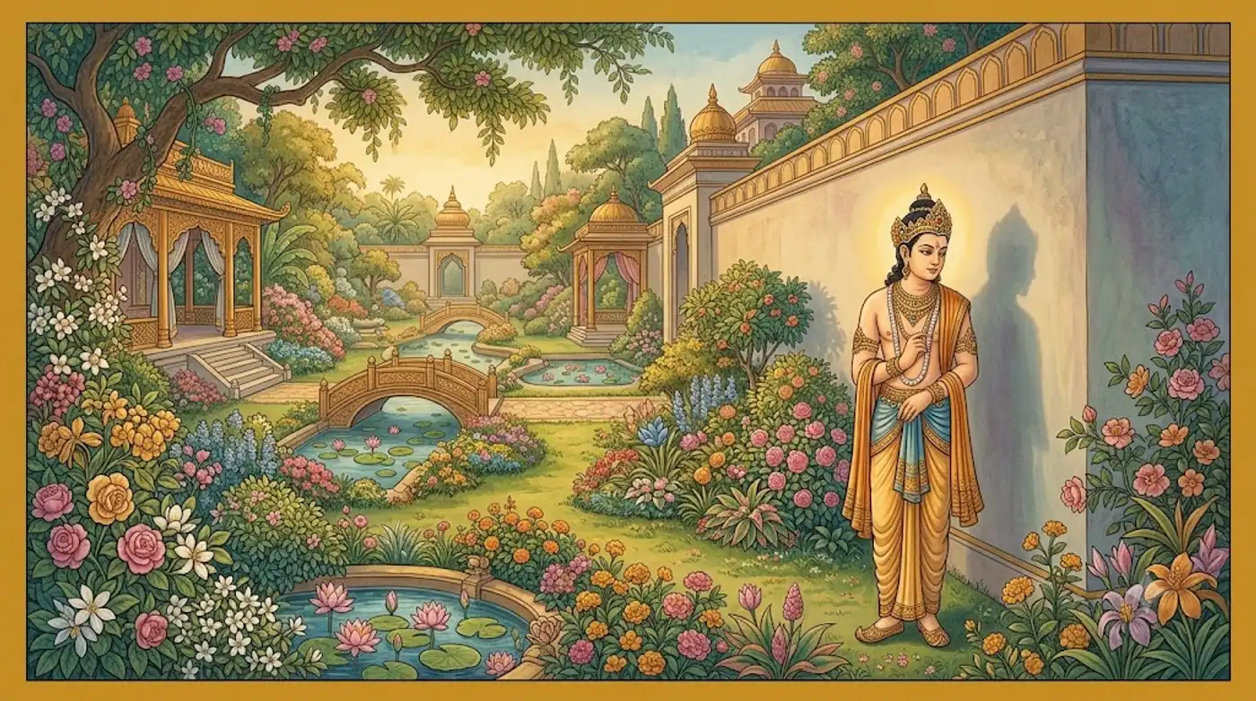 Hoàng tử Siddhārtha sống giữa những vườn hoa tươi đẹp, nhưng tâm tưởng vẫn tìm kiếm giải pháp cho khổ đau thế gian