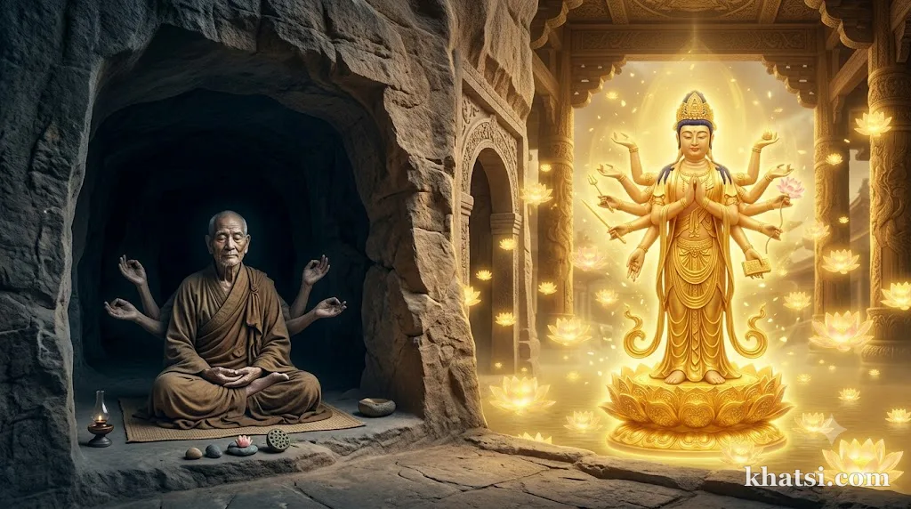 Bồ Tát đứng chiếu sáng chúng sinh, A-la-hán yên tĩnh trong định, tương phản tâm nguyện