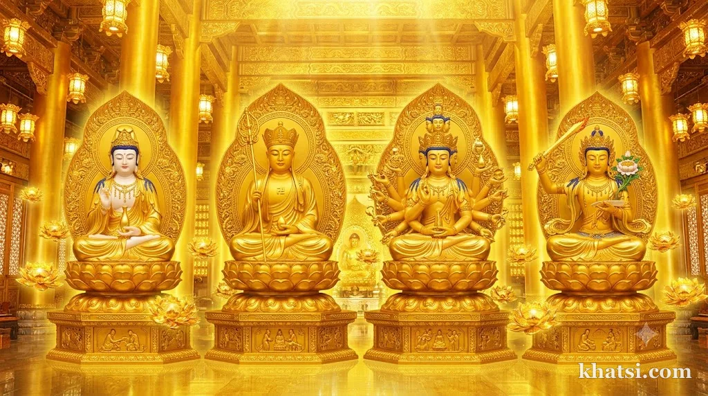 Các vị Bồ Tát bao quanh Phật, mỗi người cầm một biểu tượng: tràng hạt, quạt, lư hương, kiếm
