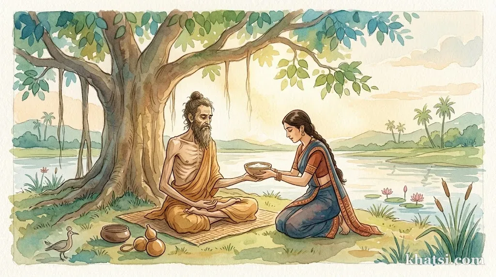 Thái tử Tất-đạt-đa gầy mòn sau sáu năm khổ hạnh rồi nhận bát cháo sữa, biểu tượng sự chọn Trung đạo