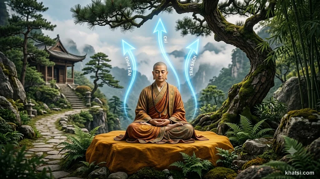 Bồ-Tát tu tập ba ba-la-mật: tâm chí, tinh tấn, và tâm sạch