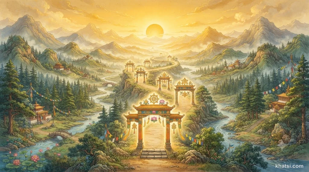 Con đường rộng mở với tám cánh cửa ánh sáng dẫn đến chân trời bình minh, tượng trưng cho Bát Chánh Đạo