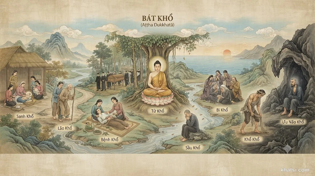 Minh họa tám loại khổ đau trong Phật giáo: sinh, già, bệnh, chết, gặp ghét, xa thương, cầu không được, ngũ uẩn xí thạnh khổ