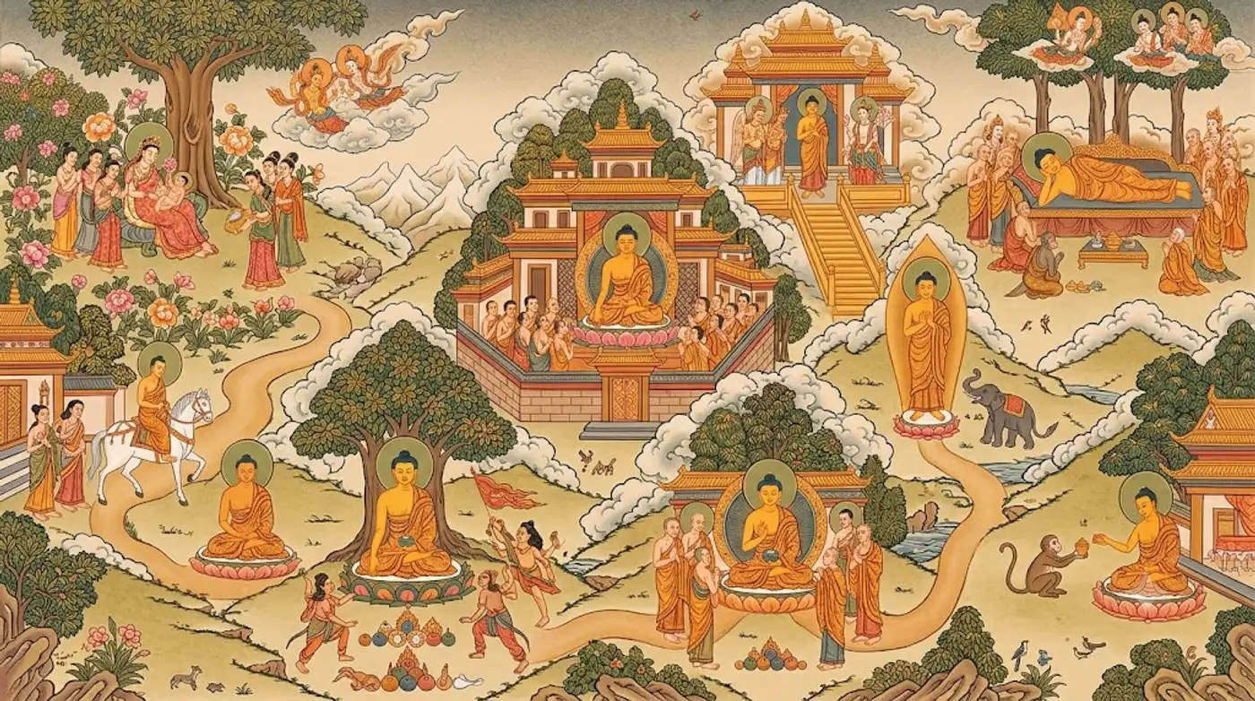 Cảnh hoàng hôn yên tĩnh tại chùa — biểu tượng sự dập tắt tham sân si (tạm)