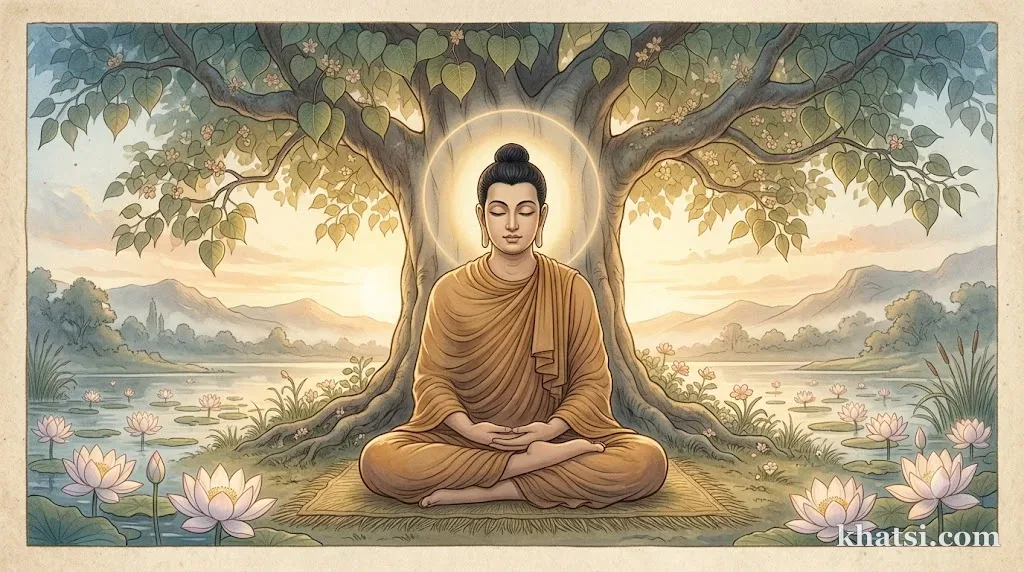 Thái tử Tất-đạt-đa ngồi thiền định dưới cội bồ-đề lúc bình minh, biểu tượng sự thành đạo của Đức Phật