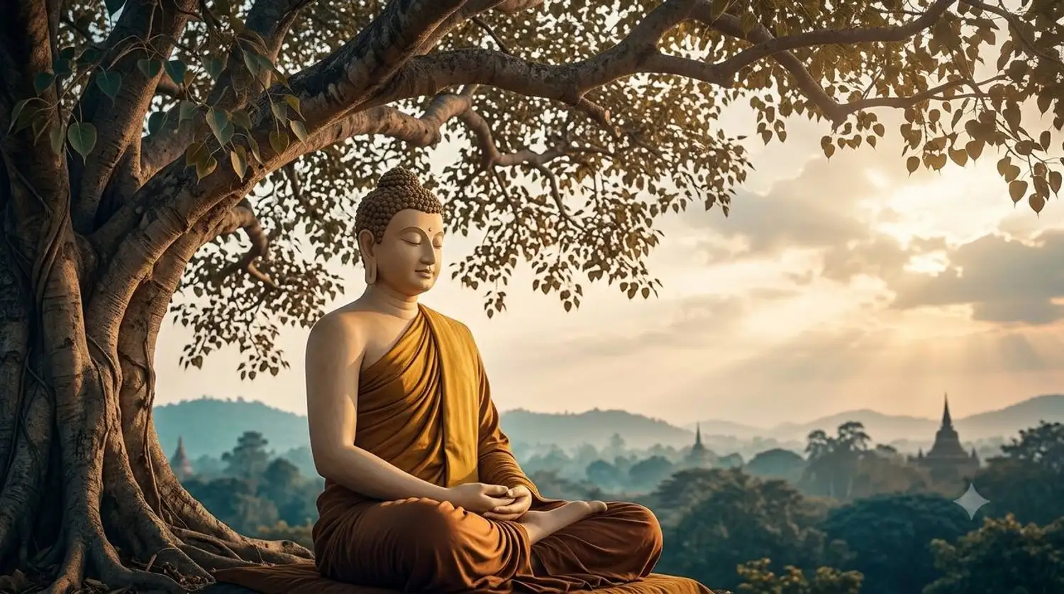 Đức Phật ngồi thiền dưới cội bồ đề — biểu tượng giác ngộ của đạo Phật