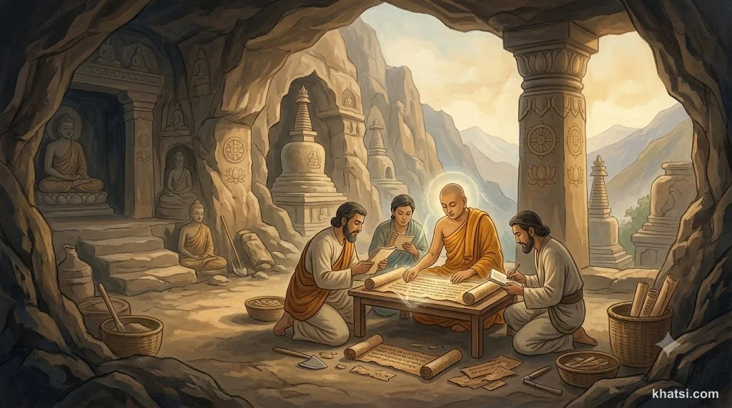Bản thảo Gāndhārī cổ — những tờ giấy mai vàng với chữ viết cổ trên nền nâu