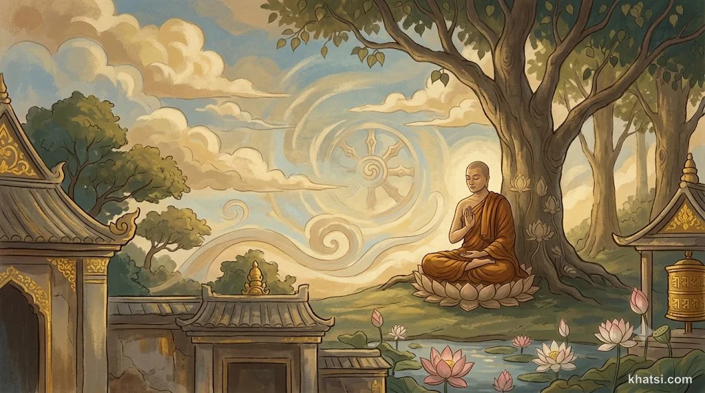 Một hình ảnh biểu tượng sự kết nối vô hạn của tất cả hiện tượng trong vũ trụ, ánh sáng dập dềnh từng chốc, phản ánh Pháp Giới Tuy Tuyân