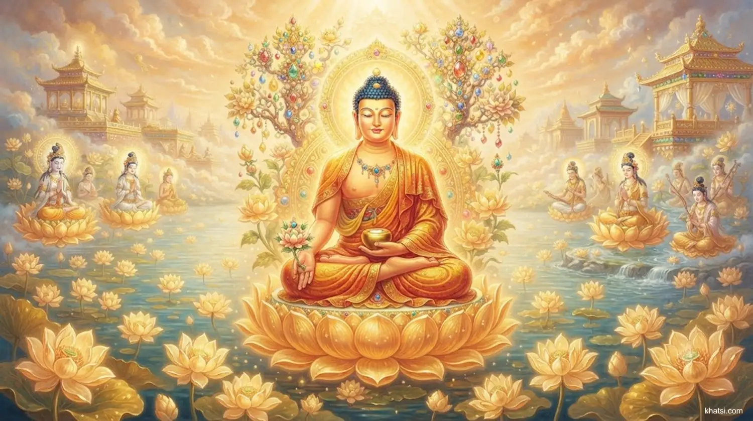 Đức Phật A-Di-Đà trên đấu mâm sen vàng, ánh sáng phát ra chứa đựng từ bi, điềm tĩnh hạnh phúc