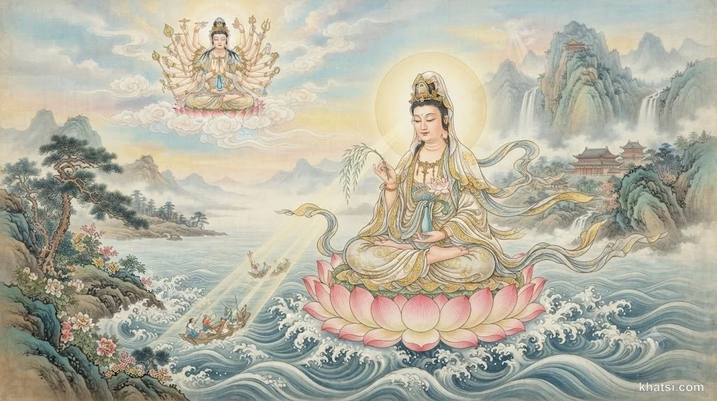 Hình ảnh Quán Âm Bồ-Tát nghìn tay nghìn mắt trong ánh sáng từ bi, tượng trưng cho oai lực của Chú Đại Bi