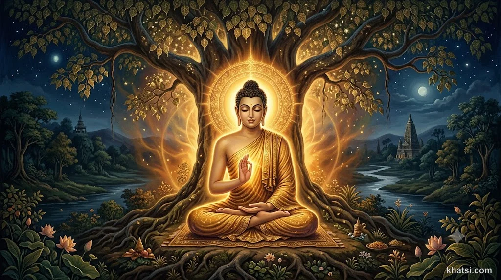 Đức Phật ngồi thiền dưới cây Bodhi, ánh sáng vàng chiếu rọi, biểu trưng cho bổn giác và tâm chân như trong Kinh Lăng Nghiêm