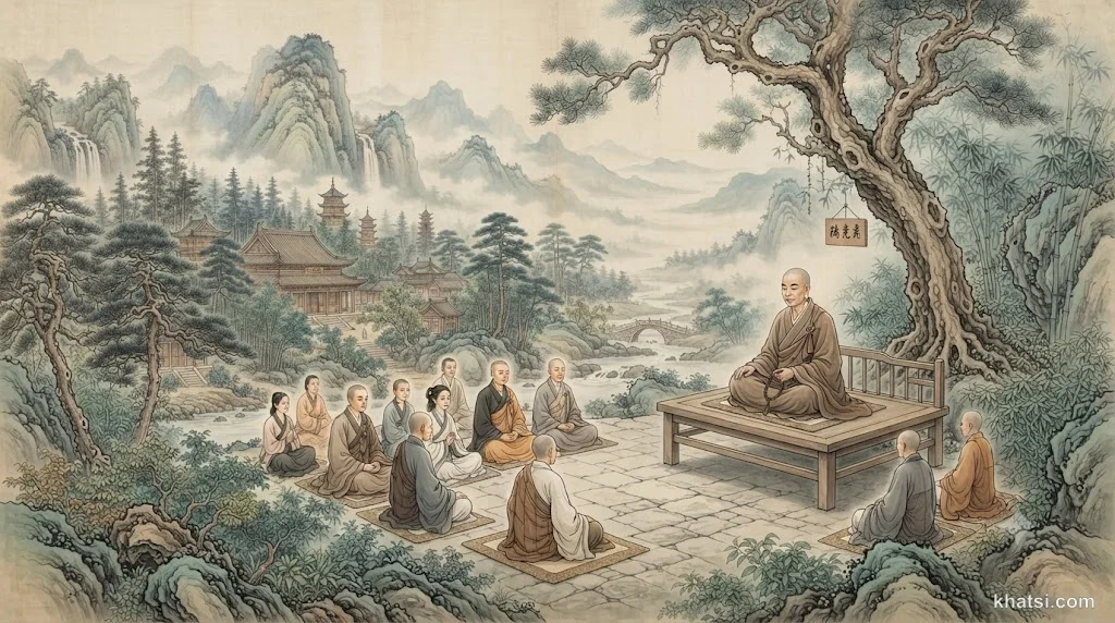 Lục Tổ Huệ Năng thuyết pháp trên pháp đàn, bầu không khí trang nghiêm thiền định