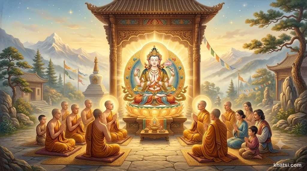 Tranh vẽ truyền thống về Bồ-tát Quán Tự Tại thuyết giảng Kinh Tâm Bát Nhã trong ánh sáng vàng thiêng liêng