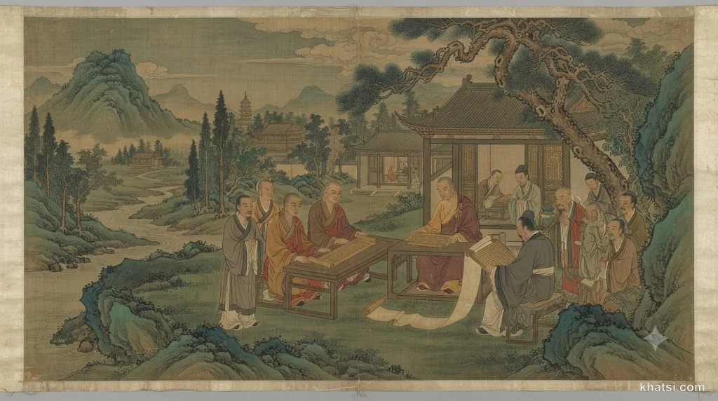 Cuộn kinh cổ Hán văn với ánh sáng dịu nhẹ, tượng trưng cho Kinh Tứ Thập Nhị Chương - bộ kinh Phật đầu tiên được dịch sang tiếng Hán