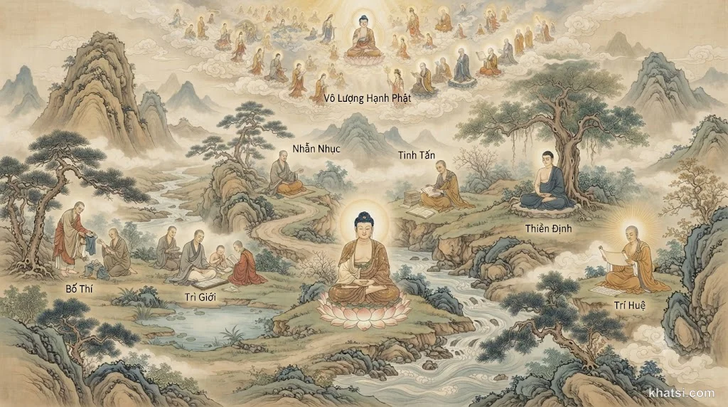 Sáu cánh sen vàng xoay tròn trên mặt nước tĩnh lặng, mỗi cánh tượng trưng một ba-la-mật, phản chiếu vô số tia sáng nhỏ — hình ảnh hoá vạn hạnh