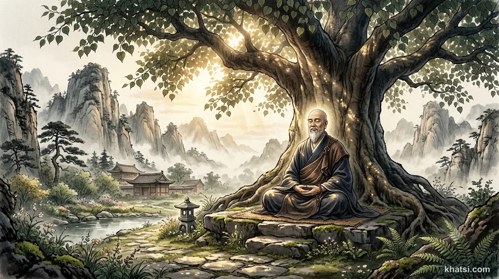 Lục Tổ Huệ Năng ngồi thiền dưới cây, tượng trưng cho con đường đốn ngộ của Thiền tông Nam tông
