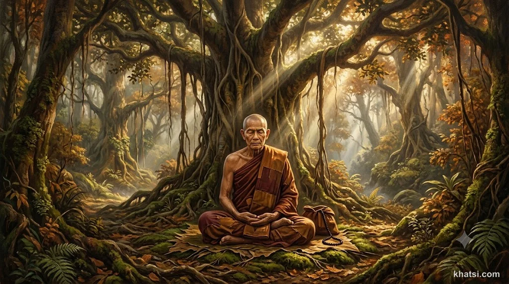 Vị tỳ-kheo cổ già ngồi thiền dưới gốc cây trong rừng sâu, ánh sáng mờ nhạt chiếu qua tán lá, khí chất đầu-đà thanh tịnh, phong cách nghệ thuật tâm linh truyền thống