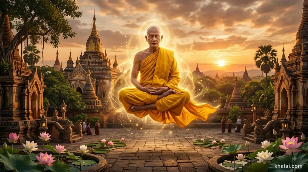 Mục-Kiền-Liên hiển thần thông vượt không gian, ánh sáng vàng xung quanh, phong cách nghệ thuật tâm linh truyền thống