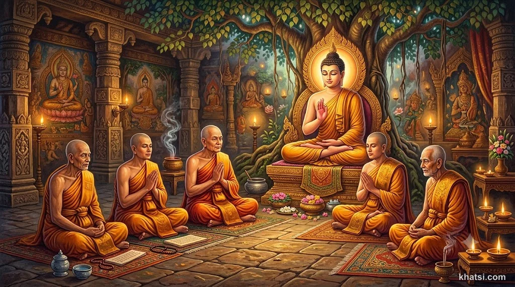 Năm Anh Em Kiều-Trần-Như nghe Phật dạy pháp dưới cây A-thị-đa tại Benares
