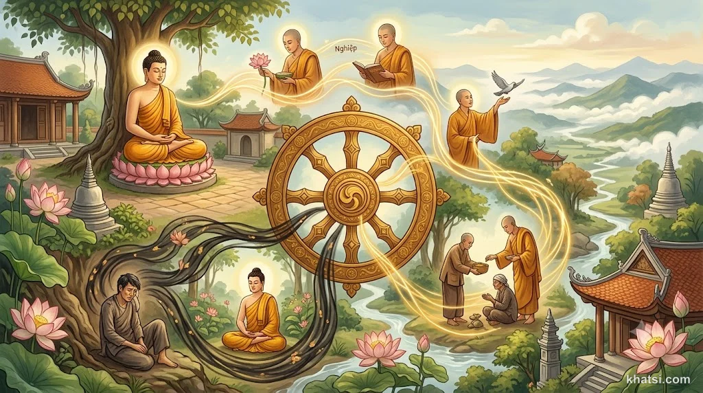 Biểu tượng nhân quả: cây mọc từ hạt giống, thể hiện quy luật Karma và Vipāka