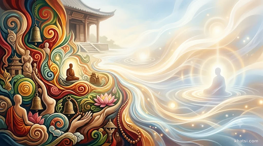 Một hình ảnh thể hiện sự tương phản giữa hình sắc vật chất và tinh thần vô hình trong tu tập Phật giáo
