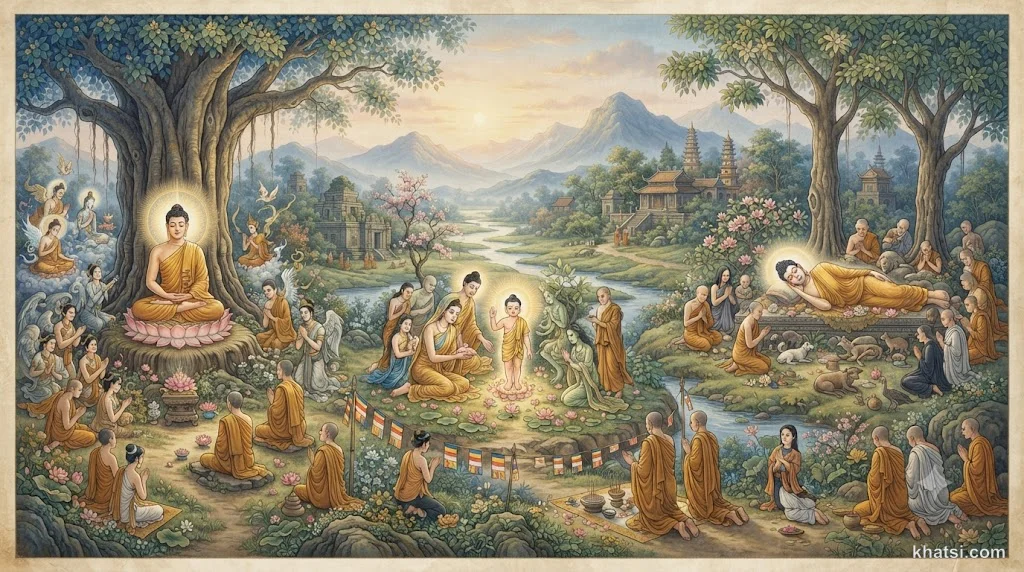 Cảnh lễ Phật Đản với đèn hoa đăng rực rỡ dưới trăng tròn tháng tư Ấn lịch