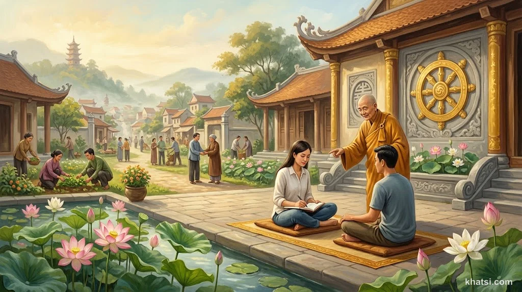 Hình ảnh tượng trưng cho sự cân bằng giữa lý thuyết Phật pháp và hành trì thực tế trong cuộc sống hàng ngày