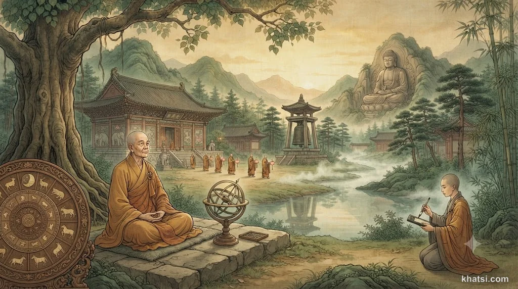Biểu tượng Phật lịch với bánh xe pháp và các biểu tượng thời gian theo truyền thống Phật giáo