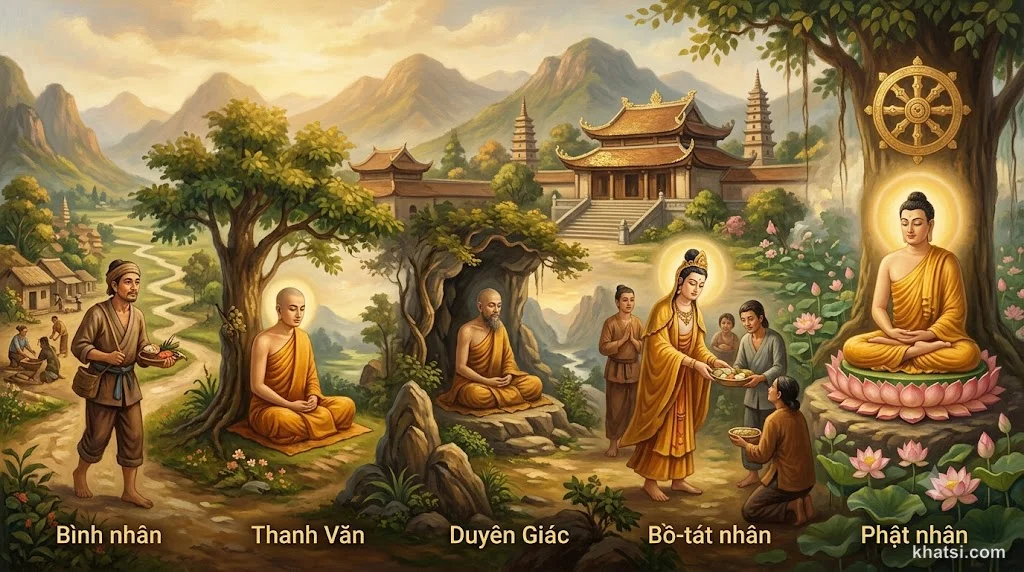 Năm loại nhân Phật giáo — Phật, Bồ-tát, Thanh Văn, Duyên Giác, Bình nhân