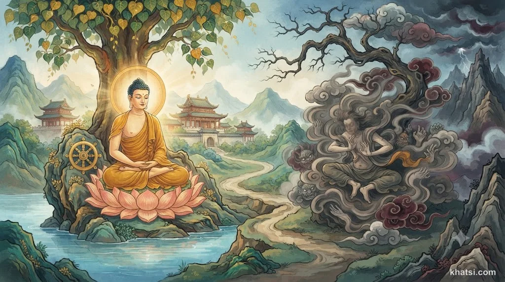 Hình ảnh mô tả sự đối lập giữa Phật tính và Ma tính trong tâm con người