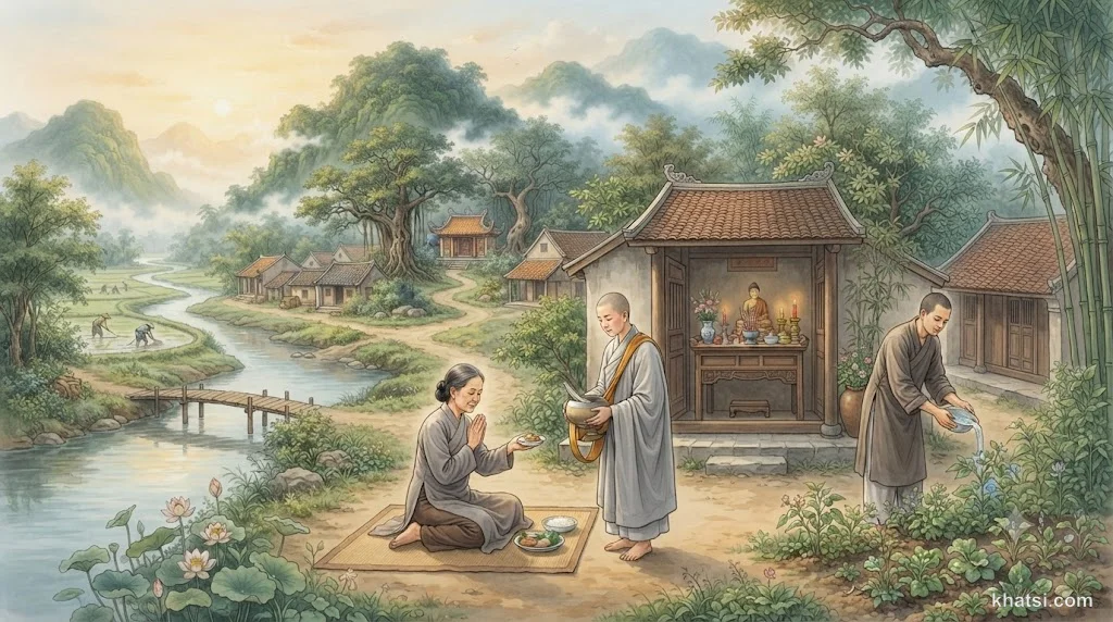 Phật tử tại gia đang thiền định tại nhà với không gian tịnh thất nhỏ