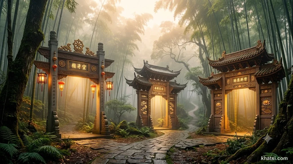 Ba cánh cổng linh thiêng dẫn vào khu rừng tre thanh tịnh, tượng trưng ba lối vào giải thoát trong Tam Tam Muội