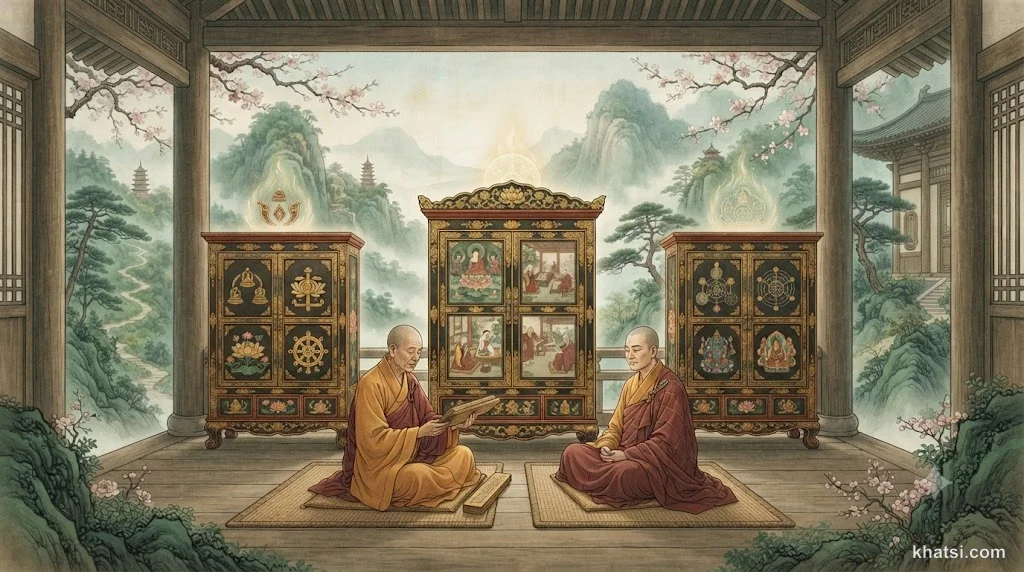 Ba giỏ tre chứa kinh sách cổ, biểu tượng Tam Tạng Phật giáo