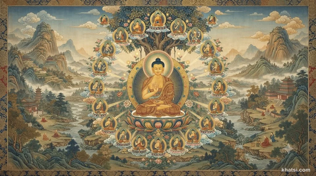 Biểu tượng mười tám pháp riêng của Phật trong ánh sáng linh thiêng