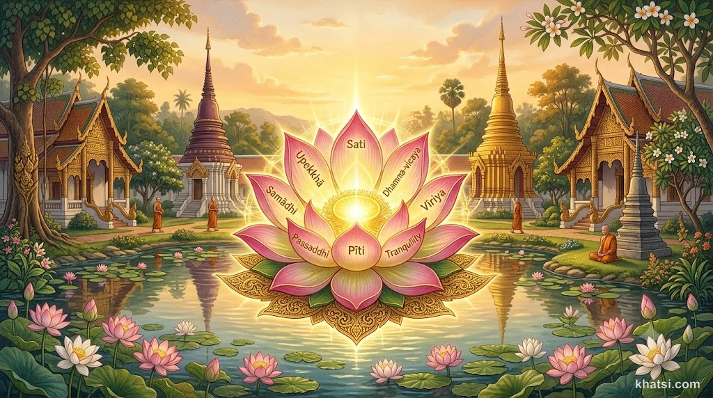 Bảy cánh sen nở rộ xung quanh ánh sáng trung tâm, tượng trưng cho Thất Giác Chi dẫn đến giác ngộ