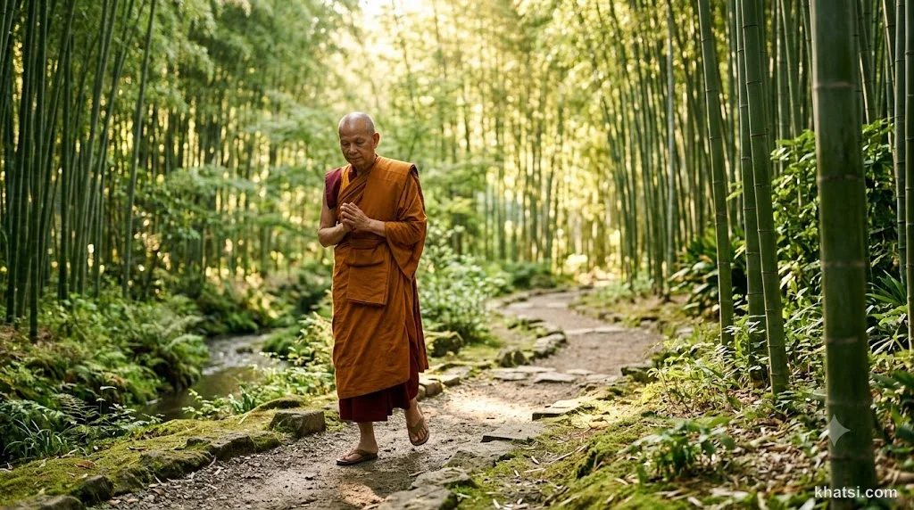 Một vị tăng đi thiền hành trong vườn tre yên tĩnh, ánh sáng xuyên qua tán lá