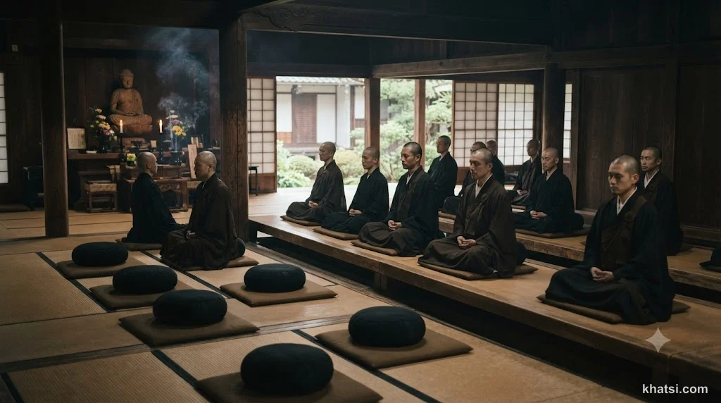 Hành giả ngồi thiền zazen trong phòng thiền yên tĩnh