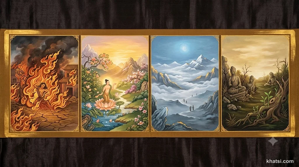 Hình minh họa bốn loại quả báo của nghiệp qua thời gian — từ hiện tại đến kiếp sâu xa