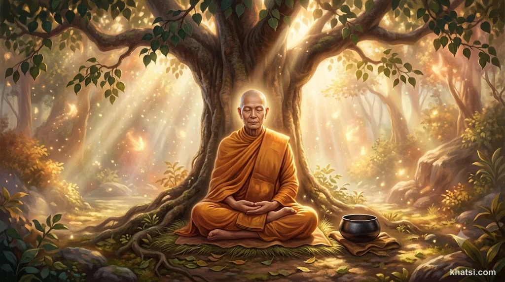 Tu-bồ-đề ngồi thiền dưới bóng cây, ánh sáng xuyên qua hình ảnh tượng trưng tánh Không