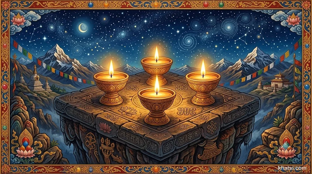 Bốn nỗ lực tu tập trong Phật giáo, tượng trưng bằng bốn ngọn đèn cháy sáng trên nền trời đêm đầy sao
