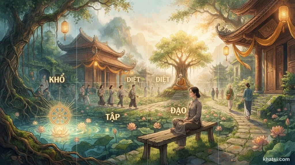 Hình ảnh bốn con đường trong rừng trầm tĩnh, tượng trưng cho Tứ Diệu Đế từ khổ đến giải thoát