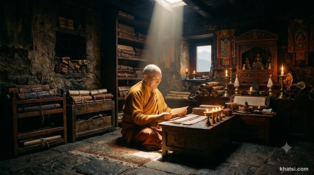 Một vị tăng cầm kinh điển, tâm sáng suốt, ánh sáng phía sau giáo lý và trực giác