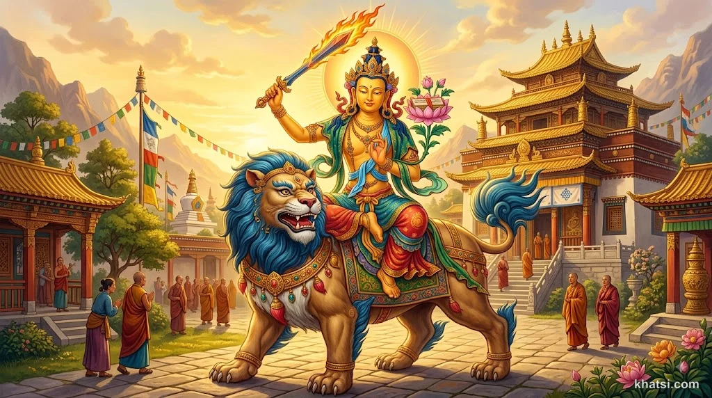 Hình ảnh Văn Thù Sư Lợi Bồ-Tát cưỡi sư tử, tay cầm gươm trí tuệ