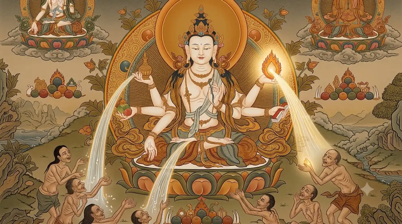 Tay mở rộng từ một nhân vật tỏa ra ánh sáng ấm áp, các phân tử của lòng từ bi lan tỏa