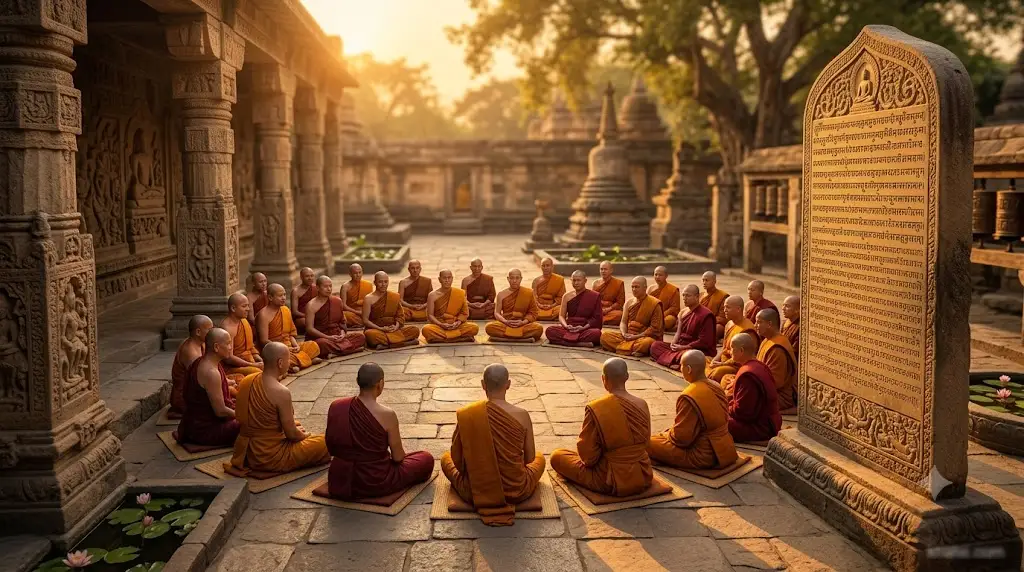 Một bảo tháp khổng lồ bằng vàng lơ lửng giữa hư không mây khói huyền ảo đầy thiêng liêng