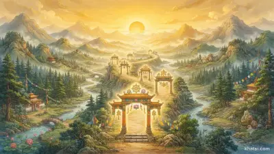 Con đường rộng mở với tám cánh cửa ánh sáng dẫn đến chân trời bình minh, tượng trưng cho Bát Chánh Đạo