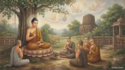 Đức Phật thuyết pháp cho năm anh em Kiều-Trần-Như tại Vườn Lộc Uyển, bánh xe pháp bắt đầu xoay chuyển