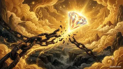 Viên kim cương phát sáng cắt đứt những sợi dây ràng buộc tượng trưng cho vô minh, trên nền trời đầy ánh sáng trí tuệ