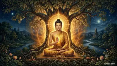 Đức Phật ngồi thiền dưới cây Bodhi, ánh sáng vàng chiếu rọi, biểu trưng cho bổn giác và tâm chân như trong Kinh Lăng Nghiêm