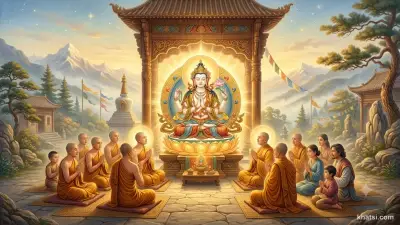 Tranh vẽ truyền thống về Bồ-tát Quán Tự Tại thuyết giảng Kinh Tâm Bát Nhã trong ánh sáng vàng thiêng liêng
